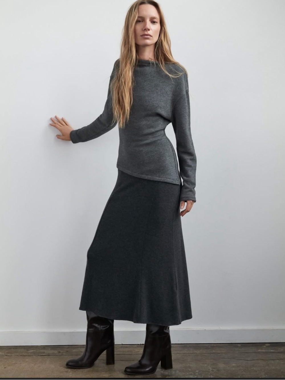 Zara Dark Gray Midi A-Line Knit Dress